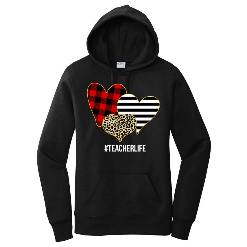 Leopard Red Plaid Striped Hearts Teacher Life Valentines Day Women's Pullover Hoodie