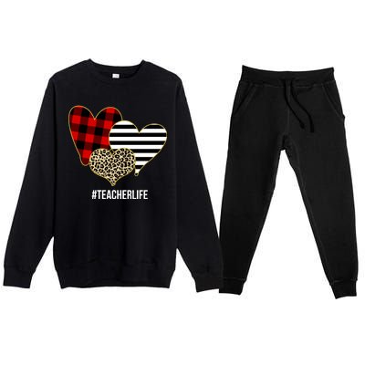 Leopard Red Plaid Striped Hearts Teacher Life Valentines Day Premium Crewneck Sweatsuit Set