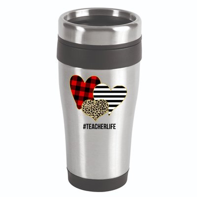 Leopard Red Plaid Striped Hearts Teacher Life Valentines Day 16oz Travel Tumbler