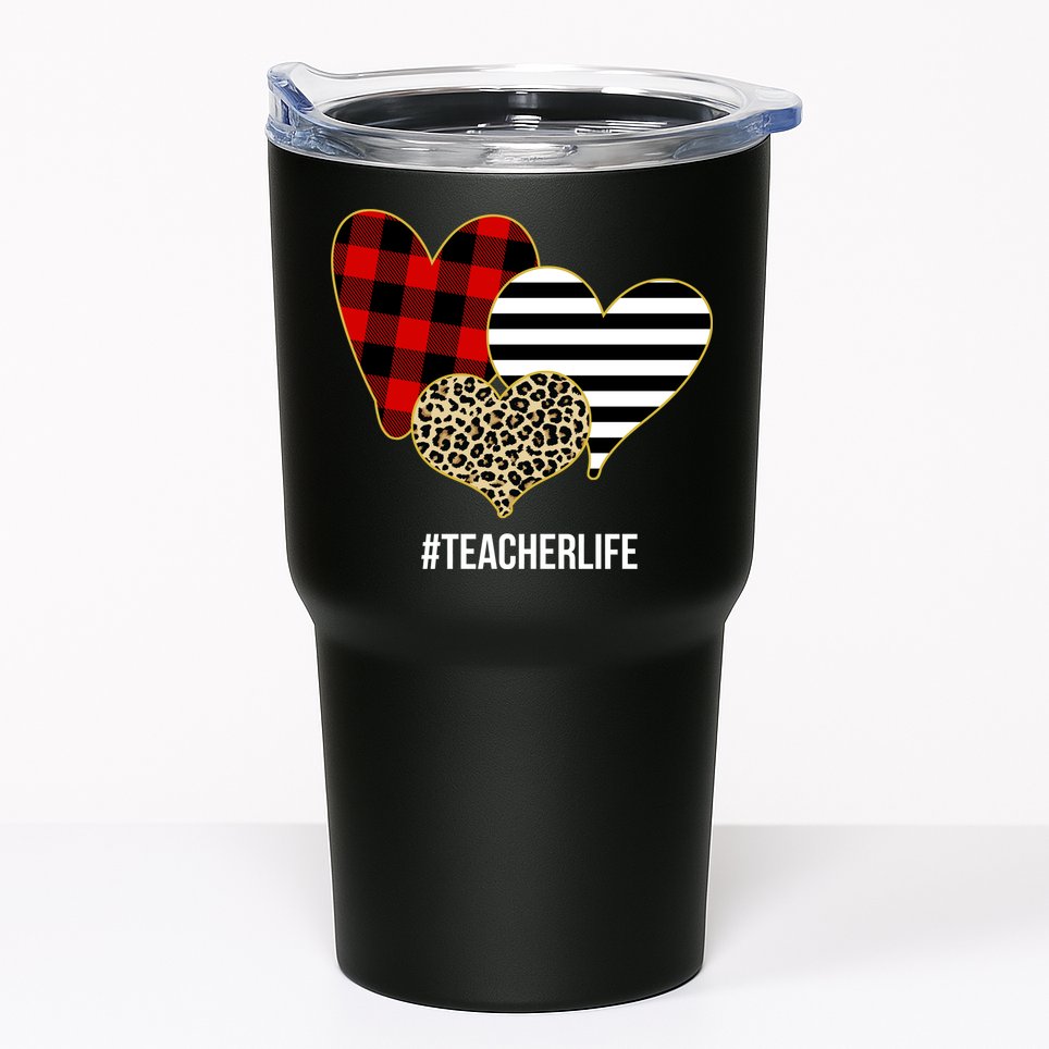 Leopard Red Plaid Striped Hearts Teacher Life Valentines Day Tumbler