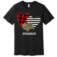 Leopard Red Plaid Striped Hearts Teacher Life Valentines Day Premium T-Shirt