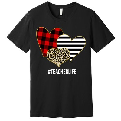 Leopard Red Plaid Striped Hearts Teacher Life Valentines Day Premium T-Shirt