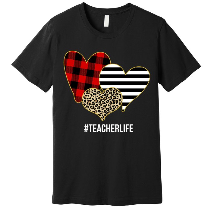 Leopard Red Plaid Striped Hearts Teacher Life Valentines Day Premium T-Shirt