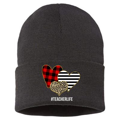 Leopard Red Plaid Striped Hearts Teacher Life Valentines Day Sustainable Knit Beanie