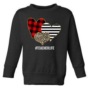 Leopard Red Plaid Striped Hearts Teacher Life Valentines Day Toddler Sweatshirt