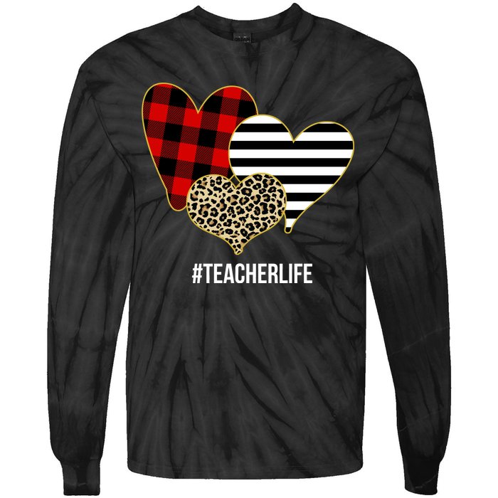 Leopard Red Plaid Striped Hearts Teacher Life Valentines Day Tie-Dye Long Sleeve Shirt