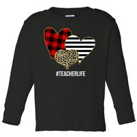 Leopard Red Plaid Striped Hearts Teacher Life Valentines Day Toddler Long Sleeve Shirt