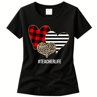 Leopard Red Plaid Striped Hearts Teacher Life Valentines Day Womens T-Shirt