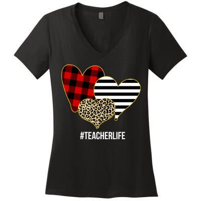 Leopard Red Plaid Striped Hearts Teacher Life Valentines Day Women's V-Neck T-Shirt