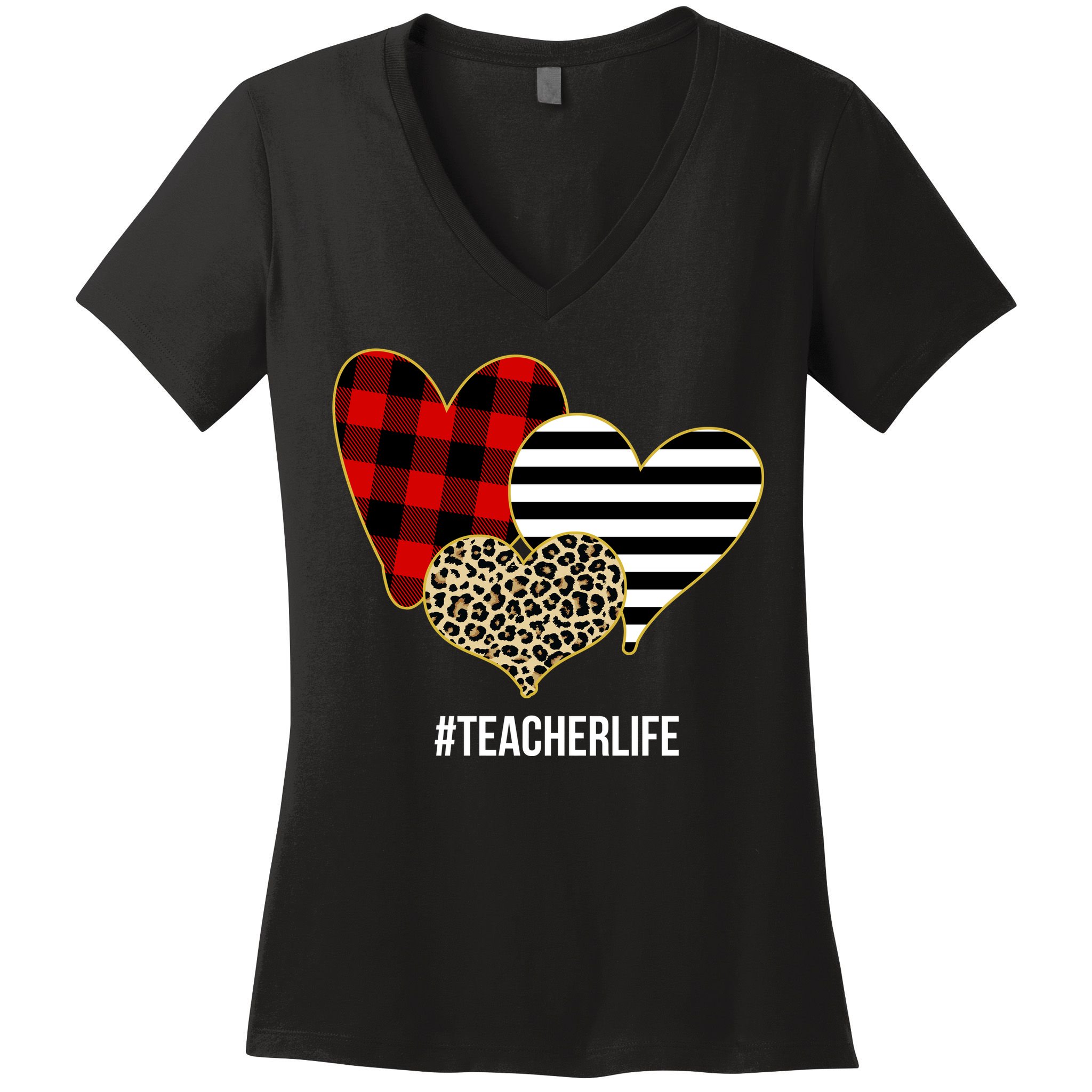 Leopard Red Plaid Striped Hearts Teacher Life Valentines Day Women's V-Neck T-Shirt
