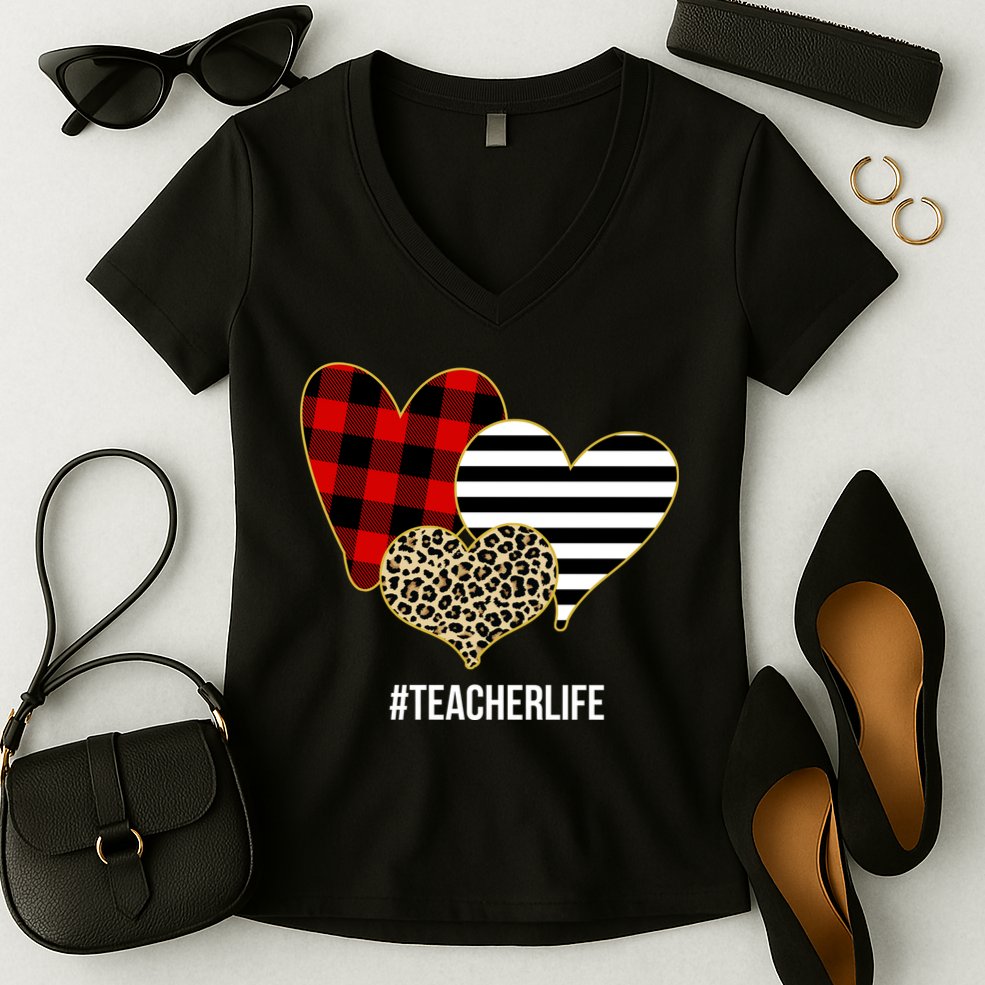 Leopard Red Plaid Striped Hearts Teacher Life Valentines Day Women's V-Neck T-Shirt
