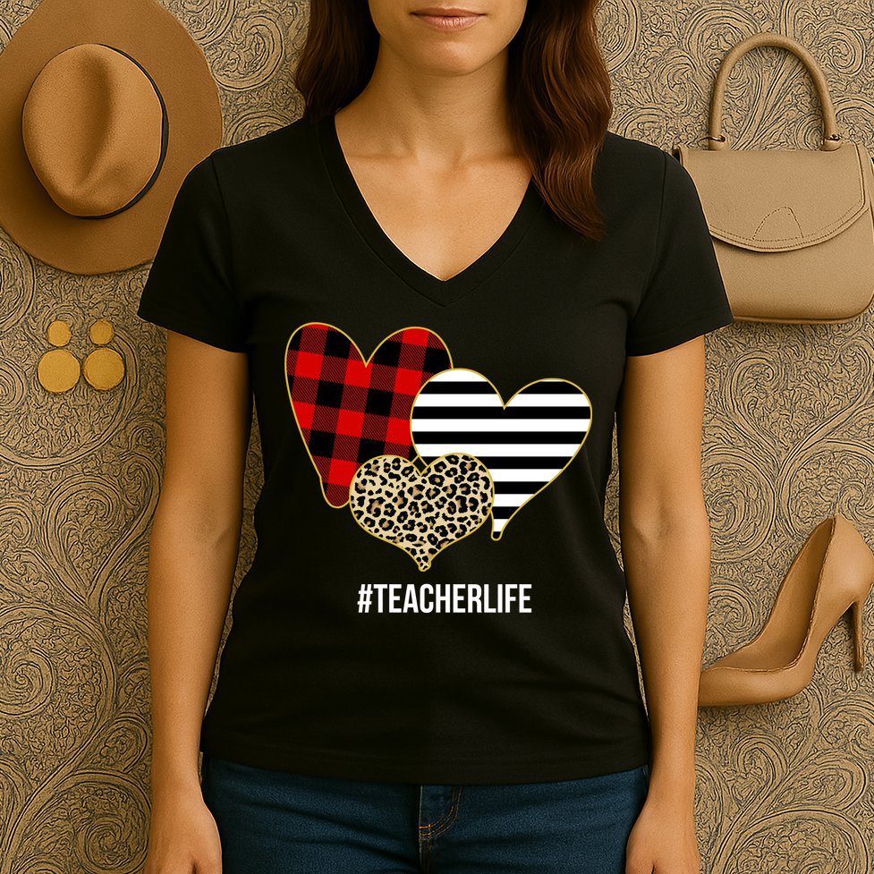 Leopard Red Plaid Striped Hearts Teacher Life Valentines Day Women's V-Neck T-Shirt