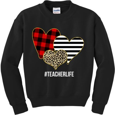 Leopard Red Plaid Striped Hearts Teacher Life Valentines Day Kids Sweatshirt