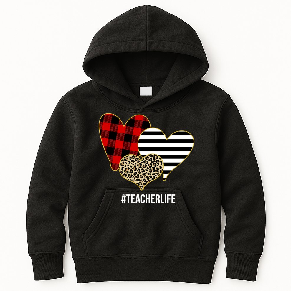 Leopard Red Plaid Striped Hearts Teacher Life Valentines Day Kids Hoodie