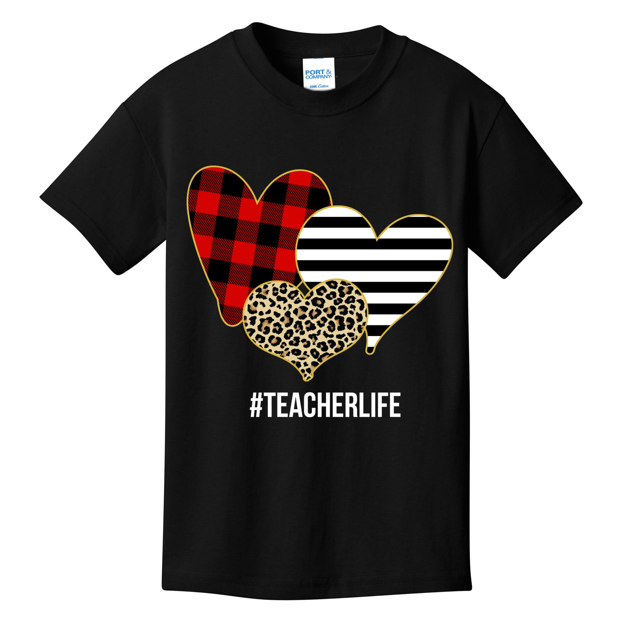 Leopard Red Plaid Striped Hearts Teacher Life Valentines Day Kids T-Shirt