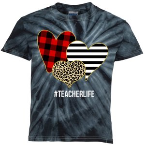 Leopard Red Plaid Striped Hearts Teacher Life Valentines Day Kids Tie-Dye T-Shirt