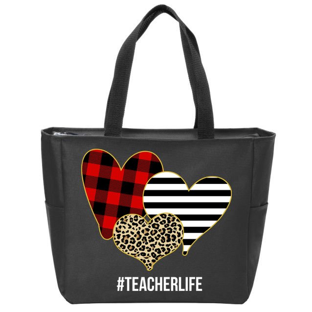 Leopard Red Plaid Striped Hearts Teacher Life Valentines Day Zip Tote Bag
