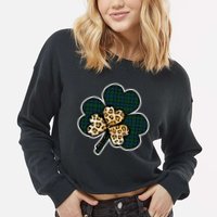 Leopard Shamrocks Clover Cropped Pullover Crew