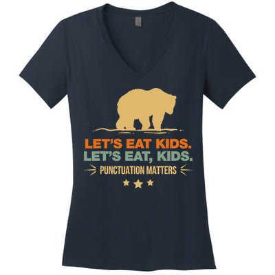 Let's Eat Punctuation Matters Bear Funny Grammar Women's V-Neck T-Shirt