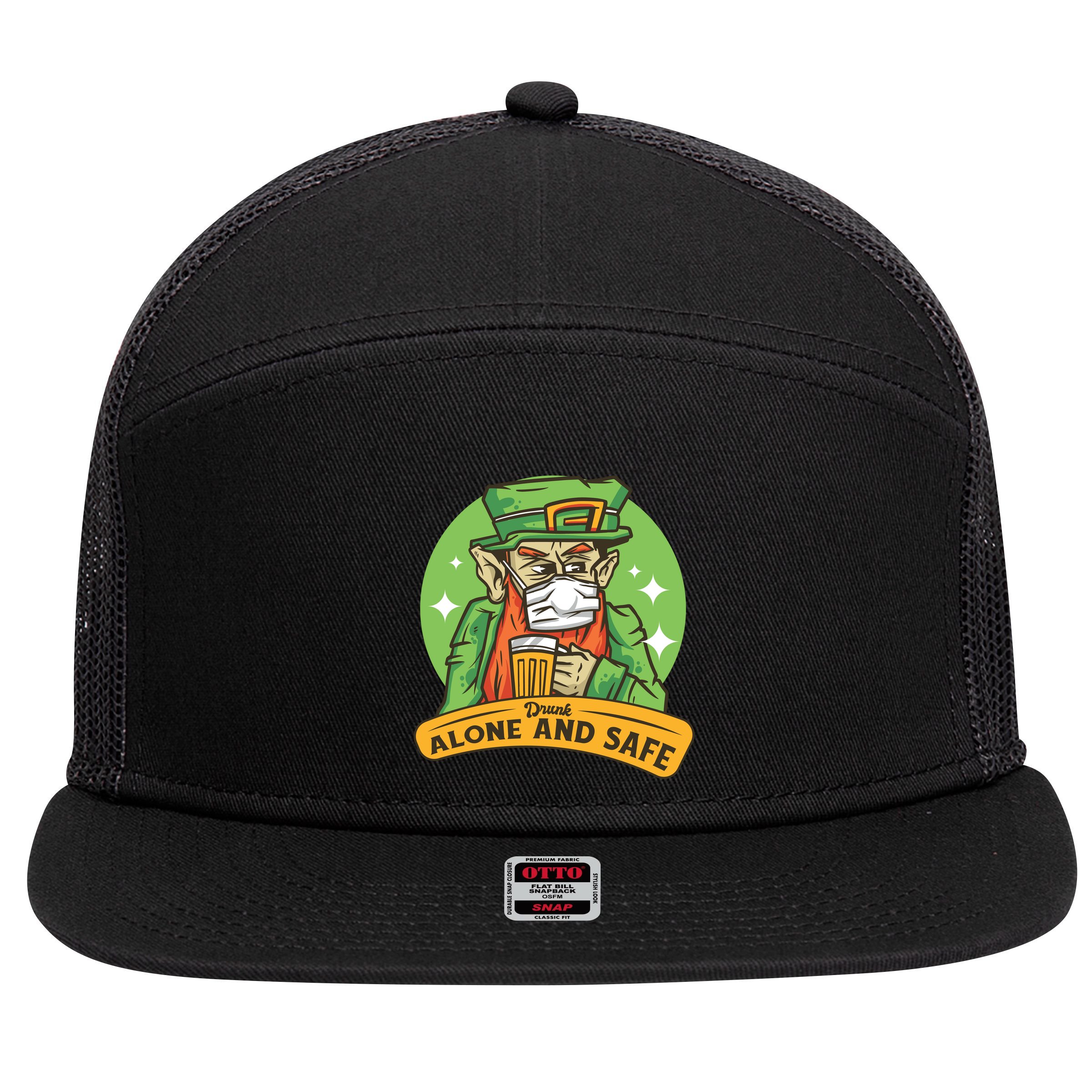 Leprechaun Drink Alone and Safe Funny Facemask 7 Panel Mesh Trucker Snapback Hat