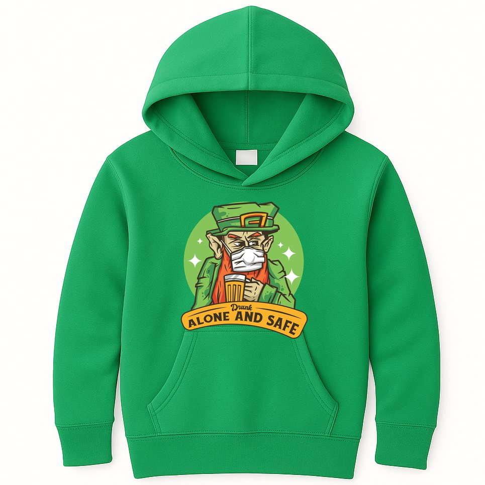 Leprechaun Drink Alone and Safe Funny Facemask Kids Hoodie