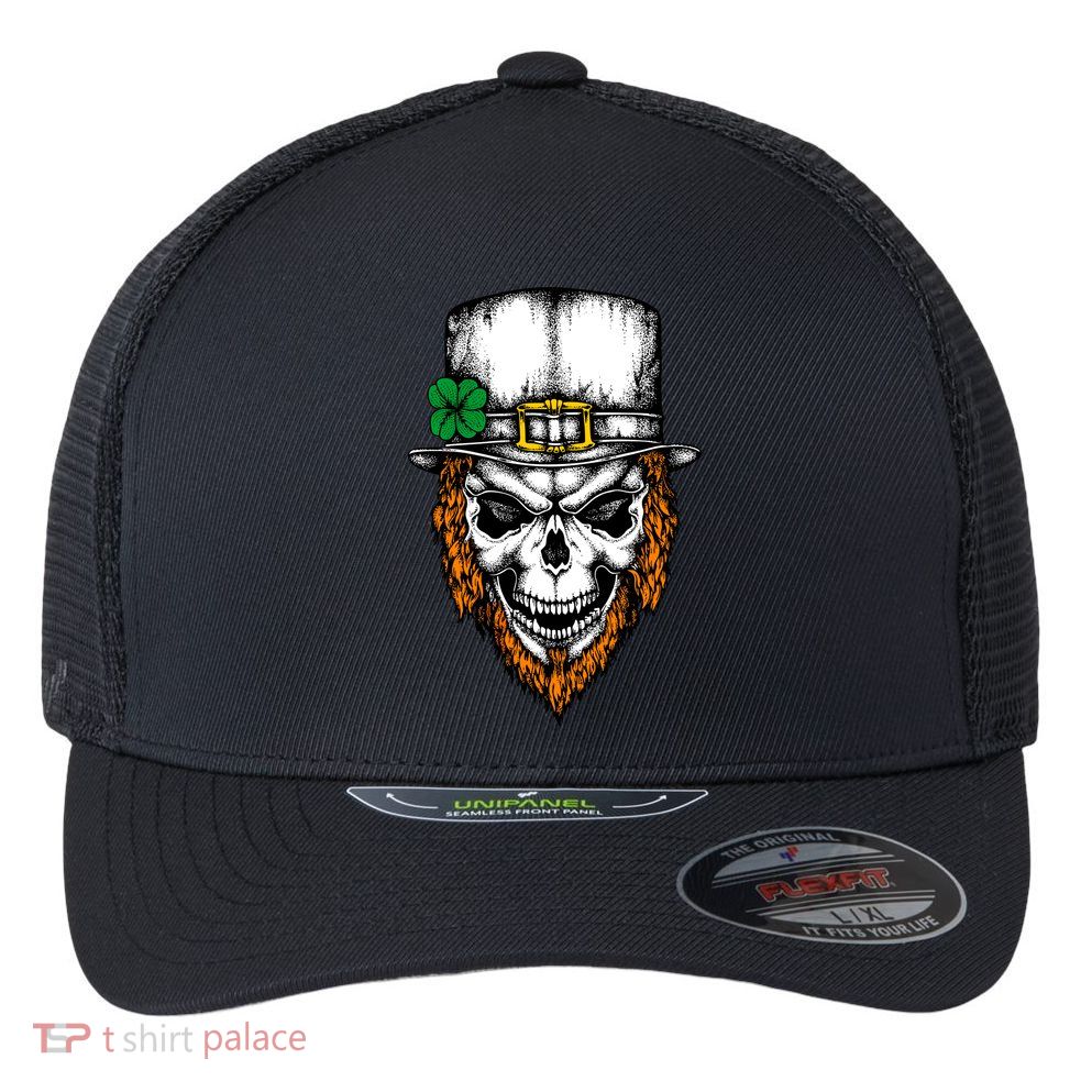 Leprechaun Irish Skull Skeleton Ginger Beard St. Patrick's Day Flexfit Unipanel Trucker Cap