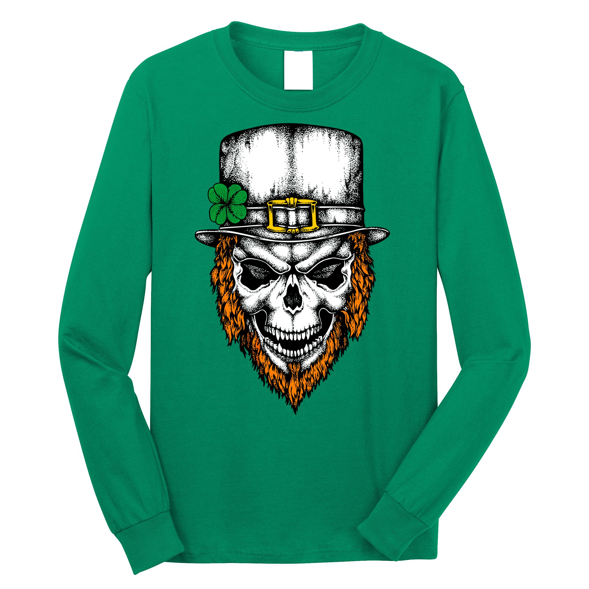 Leprechaun Irish Skull Skeleton Ginger Beard St. Patrick's Day Long Sleeve Shirt