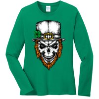 Leprechaun Irish Skull Skeleton Ginger Beard St. Patrick's Day Ladies Long Sleeve Shirt