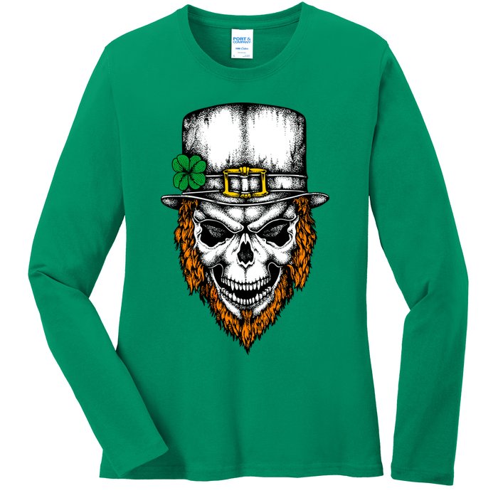 Leprechaun Irish Skull Skeleton Ginger Beard St. Patrick's Day Ladies Long Sleeve Shirt