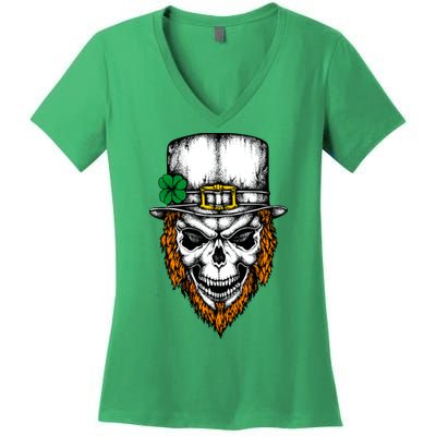 Leprechaun Irish Skull Skeleton Ginger Beard St. Patrick's Day Women's V-Neck T-Shirt