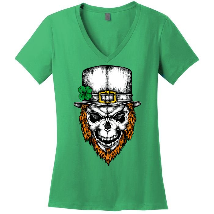 Leprechaun Irish Skull Skeleton Ginger Beard St. Patrick's Day Women's V-Neck T-Shirt