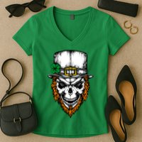 Leprechaun Irish Skull Skeleton Ginger Beard St. Patrick's Day Women's V-Neck T-Shirt
