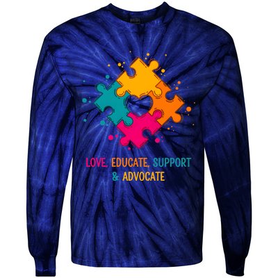 Love Educate Support And Advocate Cute Autism Teacher Tie-Dye Long Sleeve Shirt