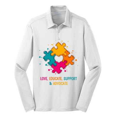 Love Educate Support And Advocate Cute Autism Teacher Silk Touch Performance Long Sleeve Polo