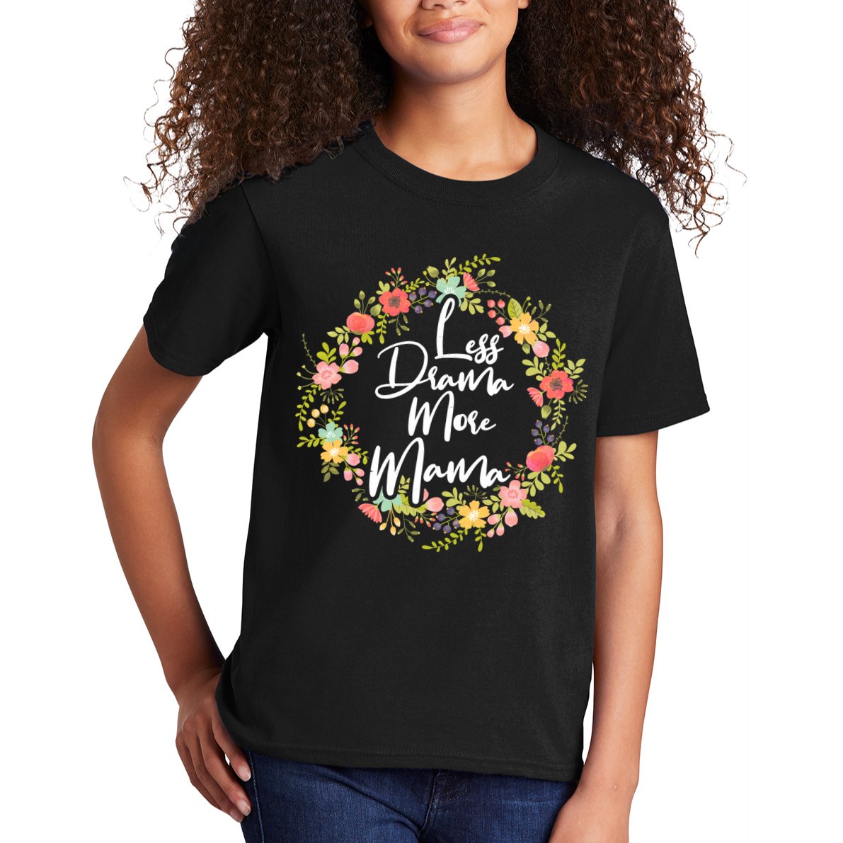 Less Drama More Mama Floral Wreath Kids T-Shirt