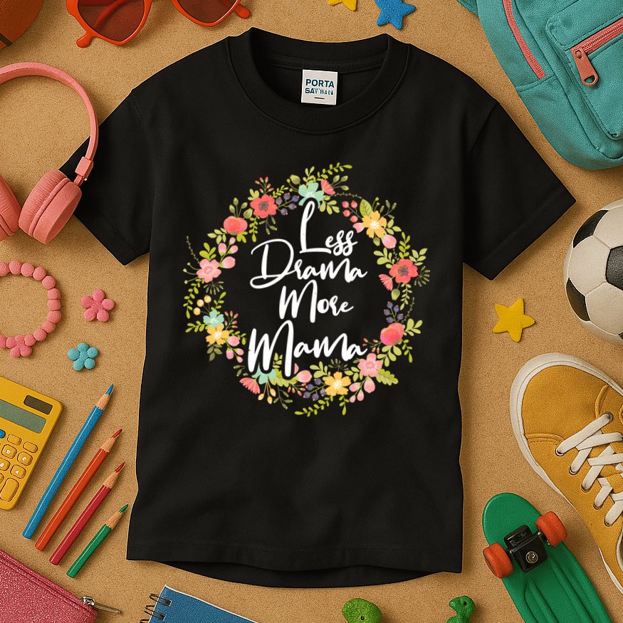 Less Drama More Mama Floral Wreath Kids T-Shirt