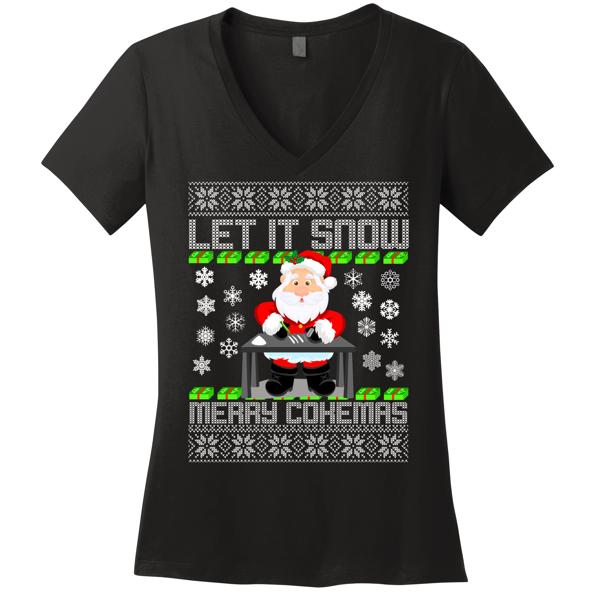 Let It Snow Merry Cokemas Santa Claus Ugly Christmas Women's V-Neck T-Shirt