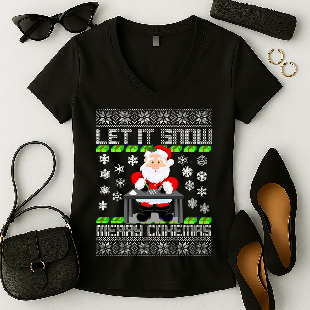 Let It Snow Merry Cokemas Santa Claus Ugly Christmas Women's V-Neck T-Shirt
