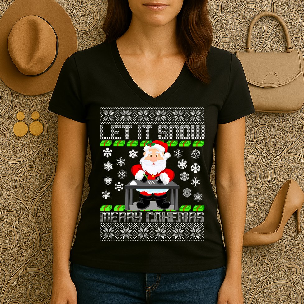 Let It Snow Merry Cokemas Santa Claus Ugly Christmas Women's V-Neck T-Shirt