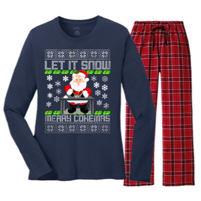 Let It Snow Merry Cokemas Santa Claus Ugly Christmas Women's Long Sleeve Flannel Pajama Set 