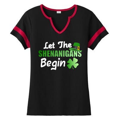 Let The Shenanigans Begin Funny St Patty Ladies Halftime Notch Neck Tee