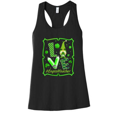 Love English Teacher Gnome St Patrick's Day Shamrock Women's Racerback Tank