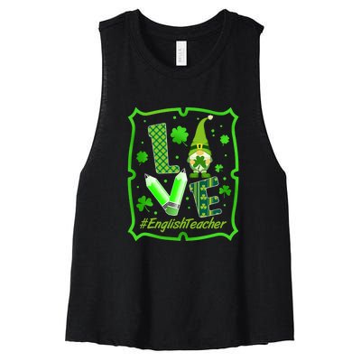 Love English Teacher Gnome St Patrick's Day Shamrock Women's Racerback Cropped Tank