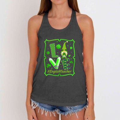 Love English Teacher Gnome St Patrick's Day Shamrock Women's Knotted Racerback Tank