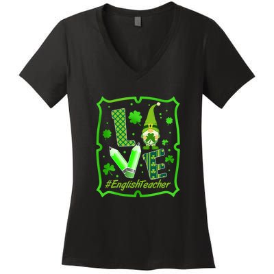 Love English Teacher Gnome St Patrick's Day Shamrock Women's V-Neck T-Shirt