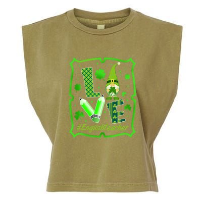 Love English Teacher Gnome St Patrick's Day Shamrock Garment-Dyed Women's Muscle Tee