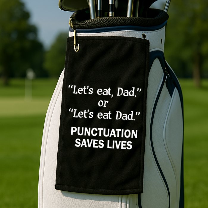 Let's Eat Dad Punctuation Saves Lives Golf Towel