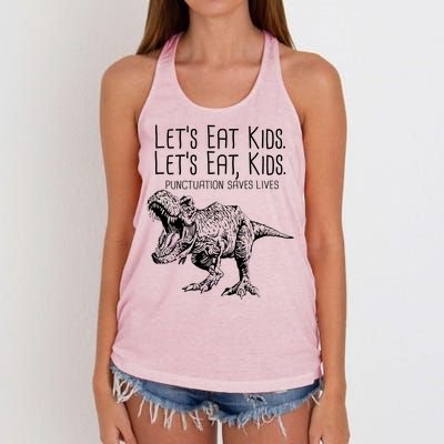 Let's Eat Kids Punctuation Saves Lives Dinosaur Women's Knotted Racerback Tank