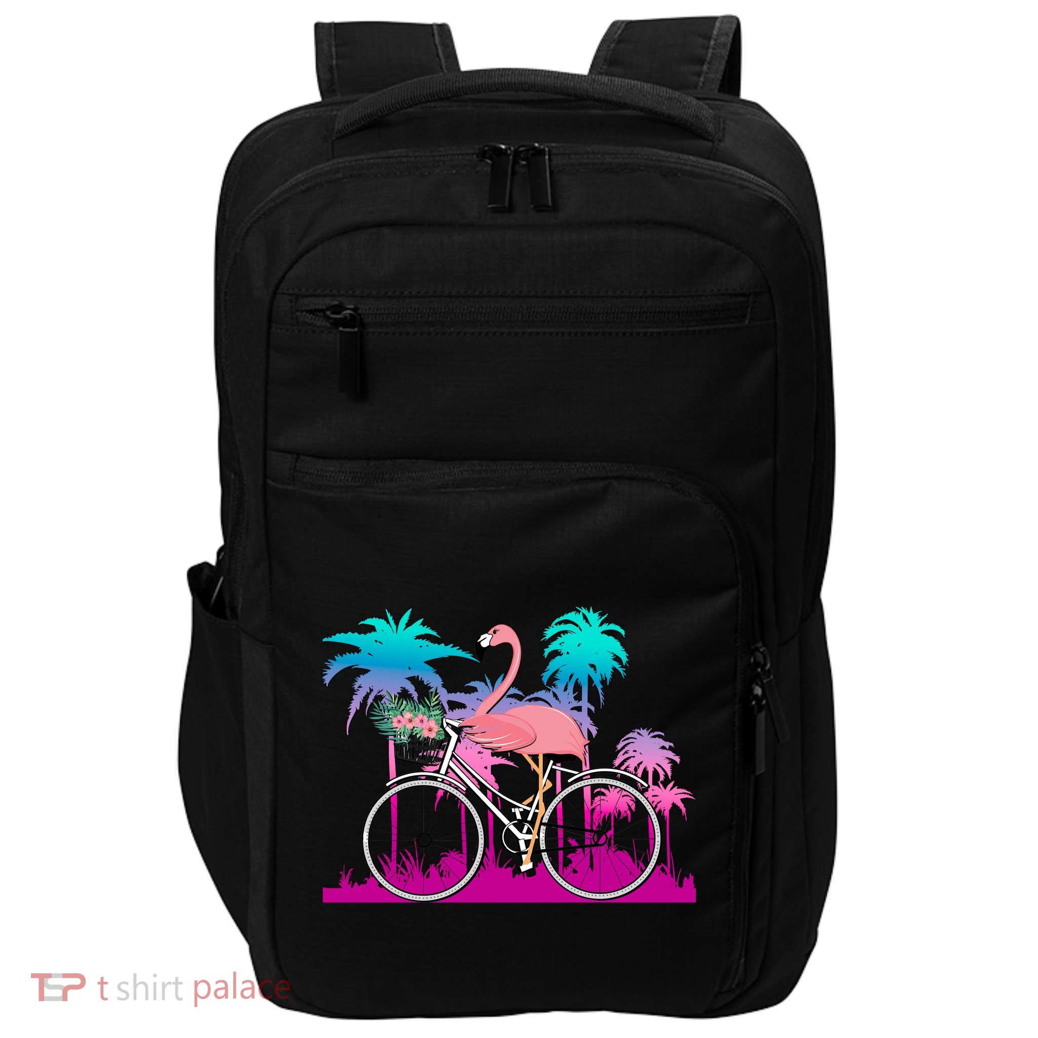 Let's Get Flocked Up Flamingo Riding A Bike Impact Tech Backpack