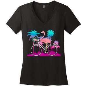 Let's Get Flocked Up Flamingo Riding A Bike Women's V-Neck T-Shirt